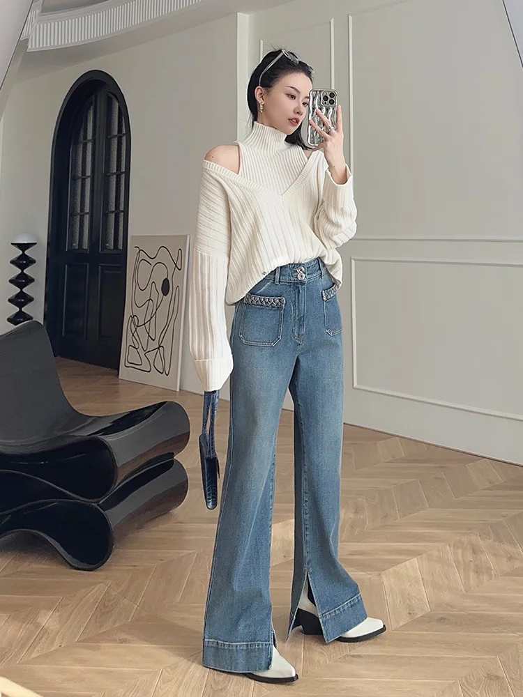 

High Waist Slim Fit Micro Elasticity Denim Skirt with Slits Retro Texture Twisted Design Women's Premium Jeans SVLI