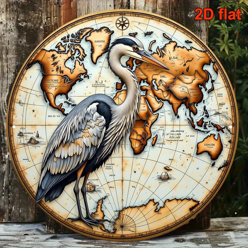 CIFBUY Vintage Heron World Map Round Aluminum Wall Art Waterproof Durable Bird Compass Geographic Decor for Living Room Bedroom