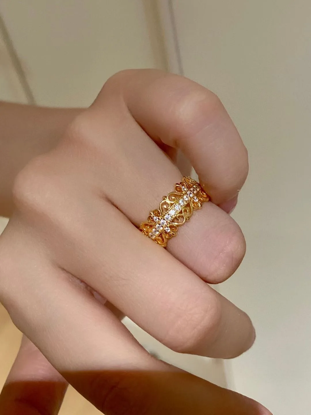 Vintage Gold Filigree Ring Unique Cubic Zirconia Wide Band Rings Floral Lace Ring  Silver Statement Jewelry Birthday Gif