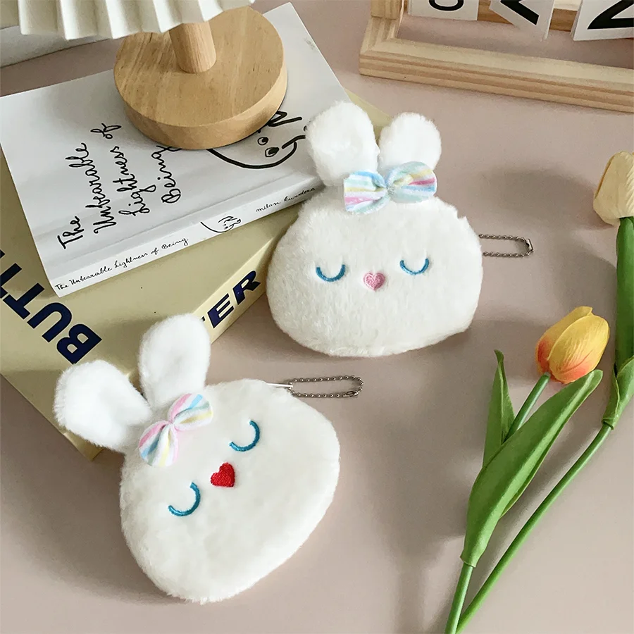 Simpatico fiocco bianco coniglietto portamonete in peluche borsa per auricolari borsa portatile per cavo dati versatile piccolo regalo pendente