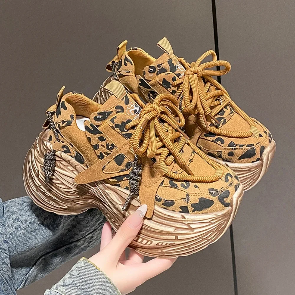 Womens Platform Leopard Mixed Colors Sneakers Wedge High Muffin Heel Lace Up Korean Styles Shoes