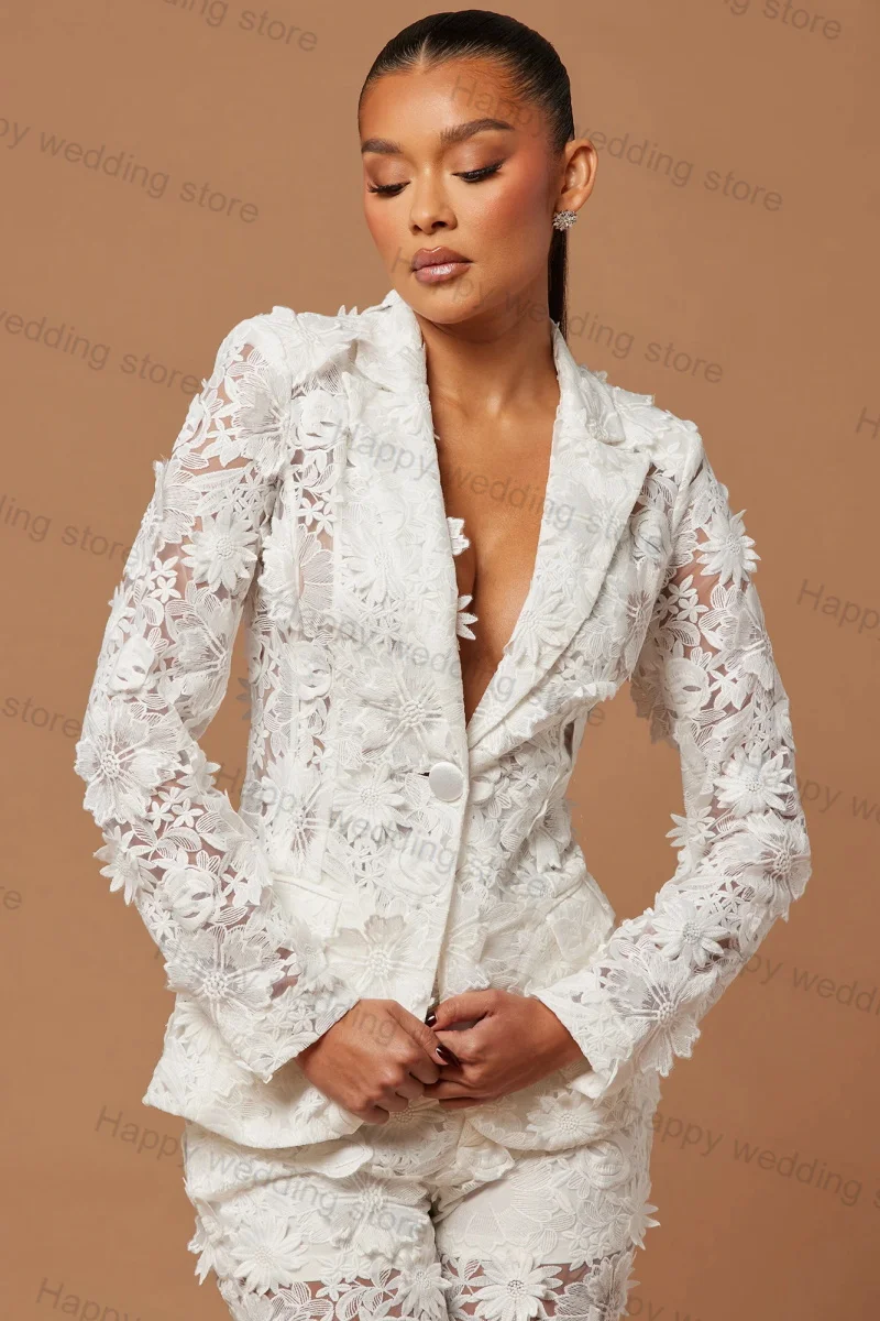 Formal Office Women Suit Set Flower Lace 2 Piece Blazer+Pants Wedding Tuxedo Party Prom Dress Tailored Single Breasted Jacket