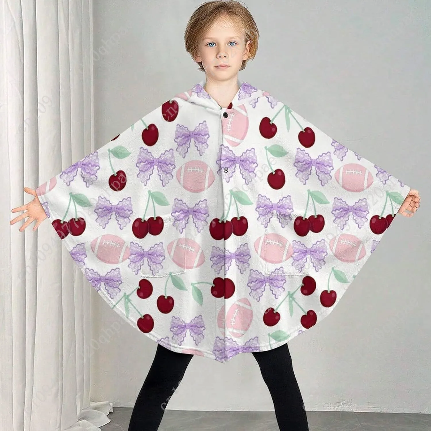 Pull couverture en flanelle confortable, sweat à capuche surdimensionné cerise avec nœud violet de football avec poches pour enfants et adolescents
