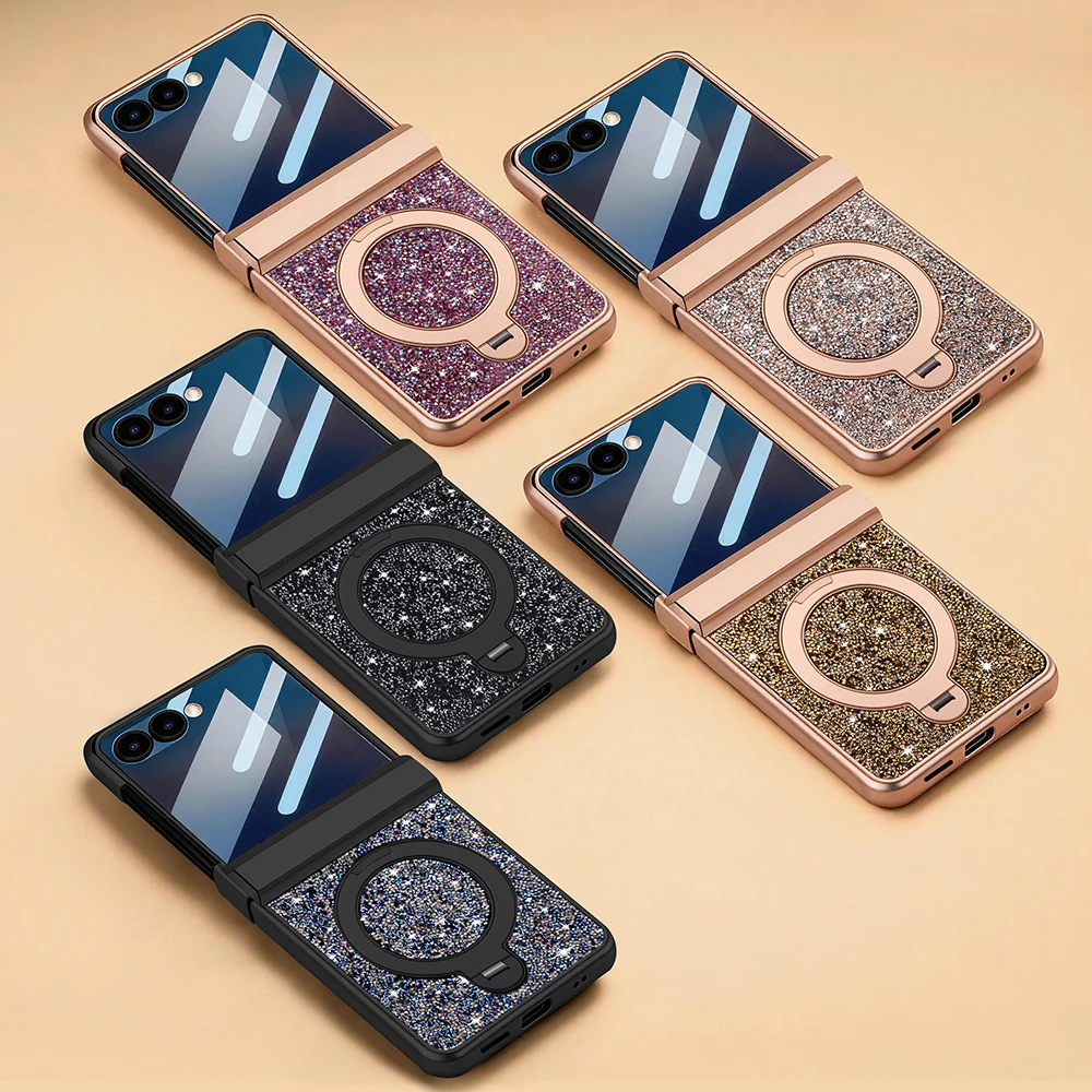 

For Samsung Galaxy Z Flip 7& Flip 6 Flash Diamond Plating Integrated shell and Membrane Magnetic Rotating Foldable Bracket Cover
