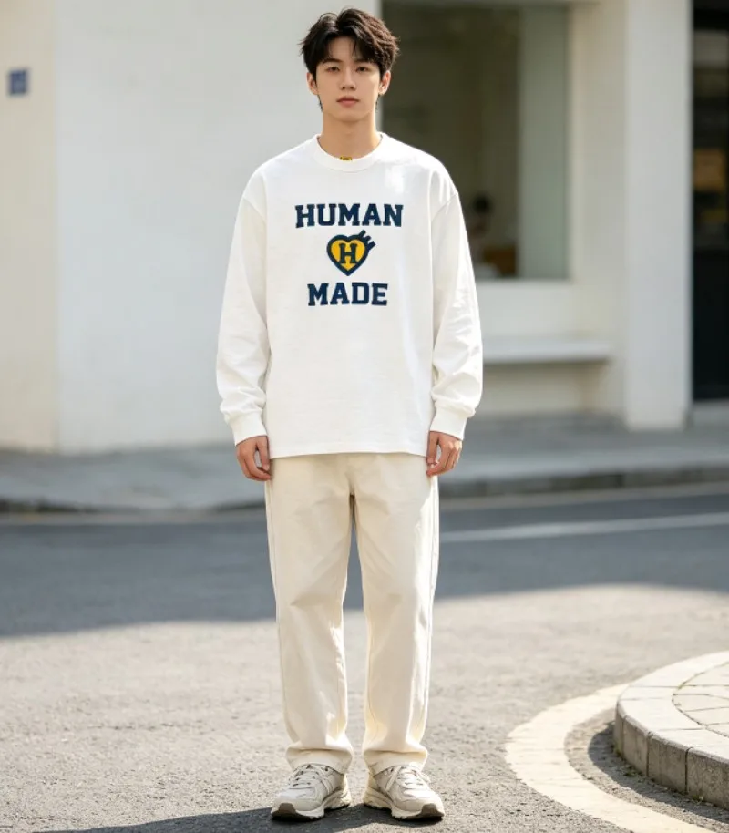 2026 New Human Made Heart Print Crewneck Long Sleeve T Shirt Couple Cotton Top