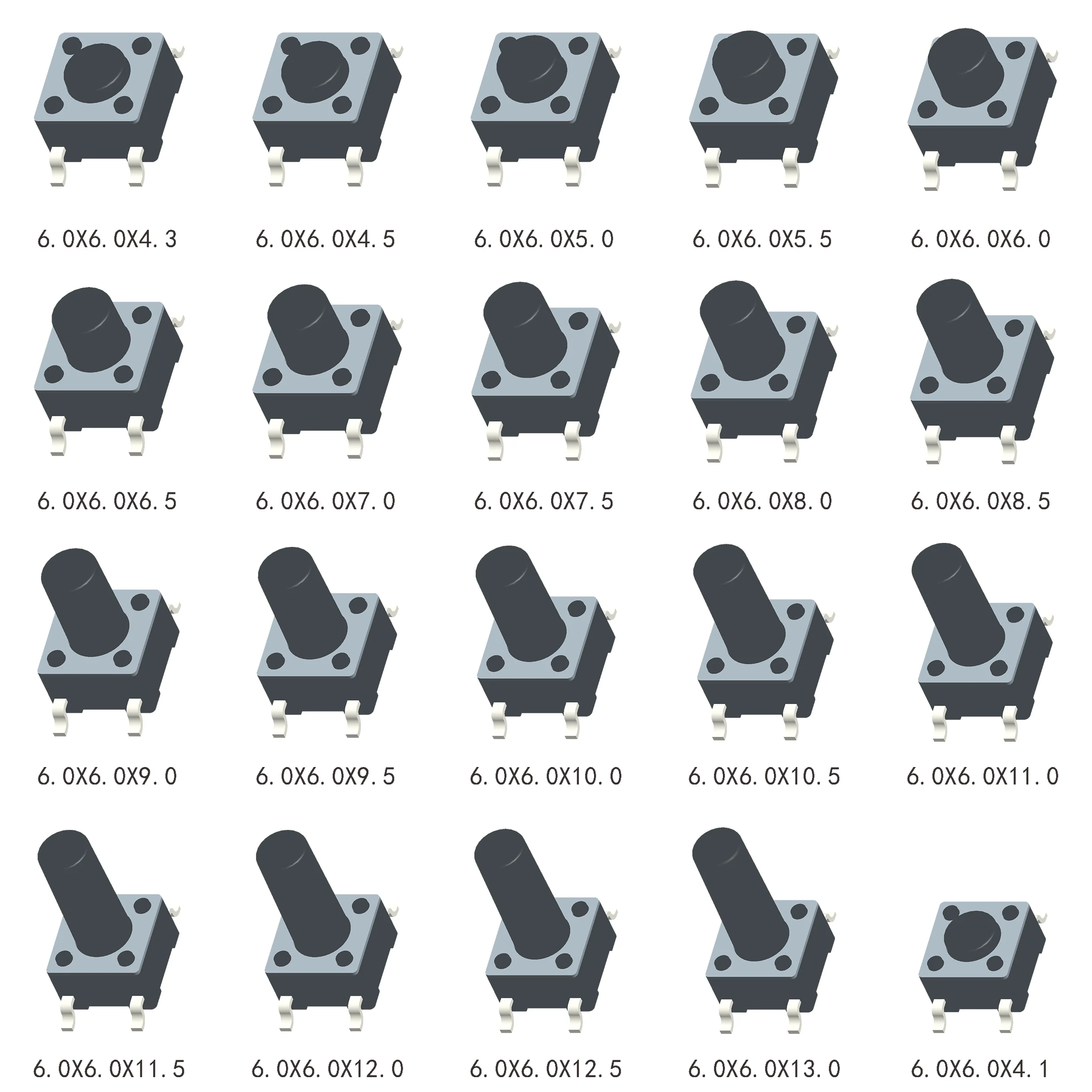 Mmarion触覚プッシュボタンスイッチ、PCB取り付け、4ピン、6x6mm、h = 4.3、4.5、5、6、7、8、9、10、13mm 25mm、smt、50個