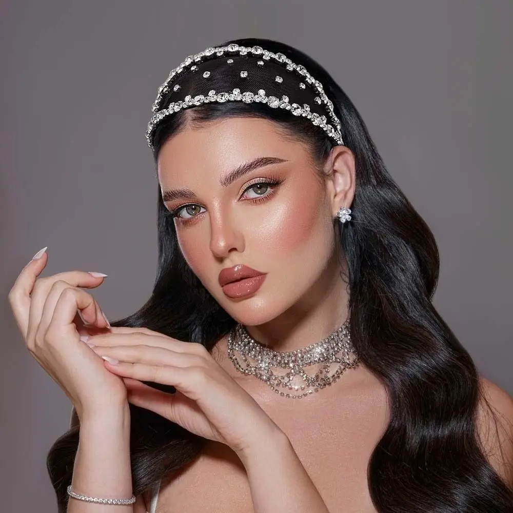 Bling Headwear Sparkly Rhinestone Headband Glitzy Transparent Mesh Hair Hoop Non-slip Exquisite Baroque Hairband Banquet