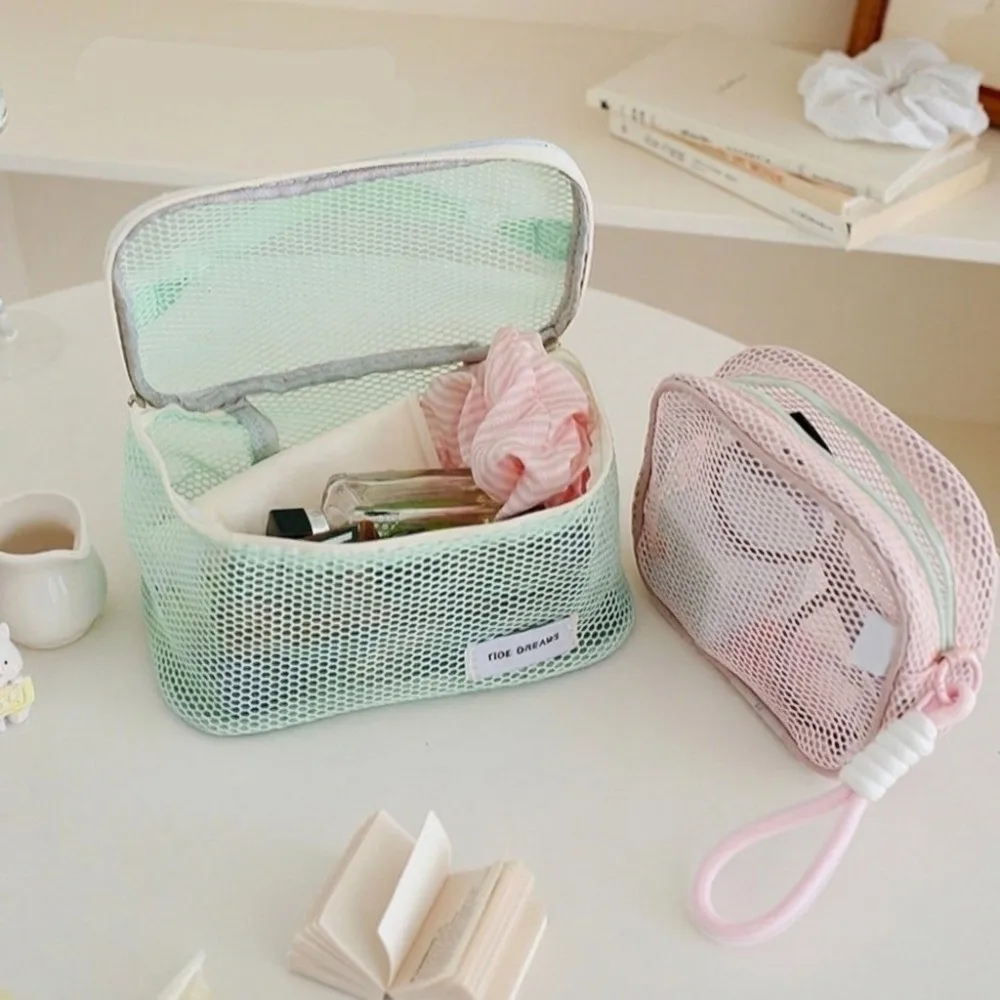 See Through Mesh Cosmetic Bag Portable With Pearl Zipper Makeup Organizer Pouch Hanging Rope Large Capacity Pencil Case Women