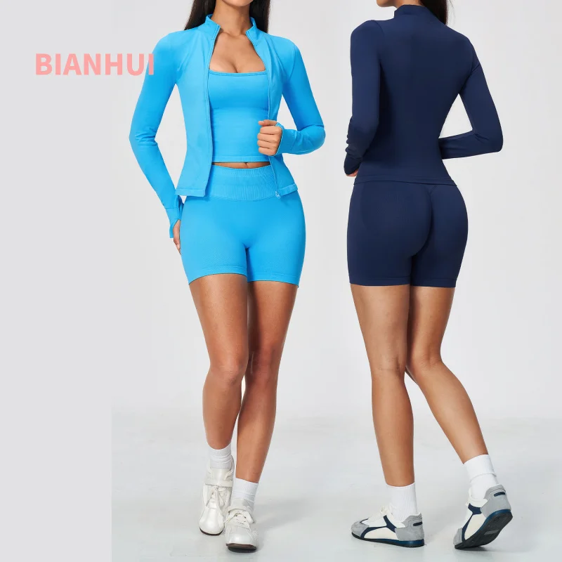 Seamless 3PCS Women Workout Yoga Set Zip Up Jacket Racerback Tank Top Butt Lifting Biker Shorts Gym Fitness Running Sports Suit