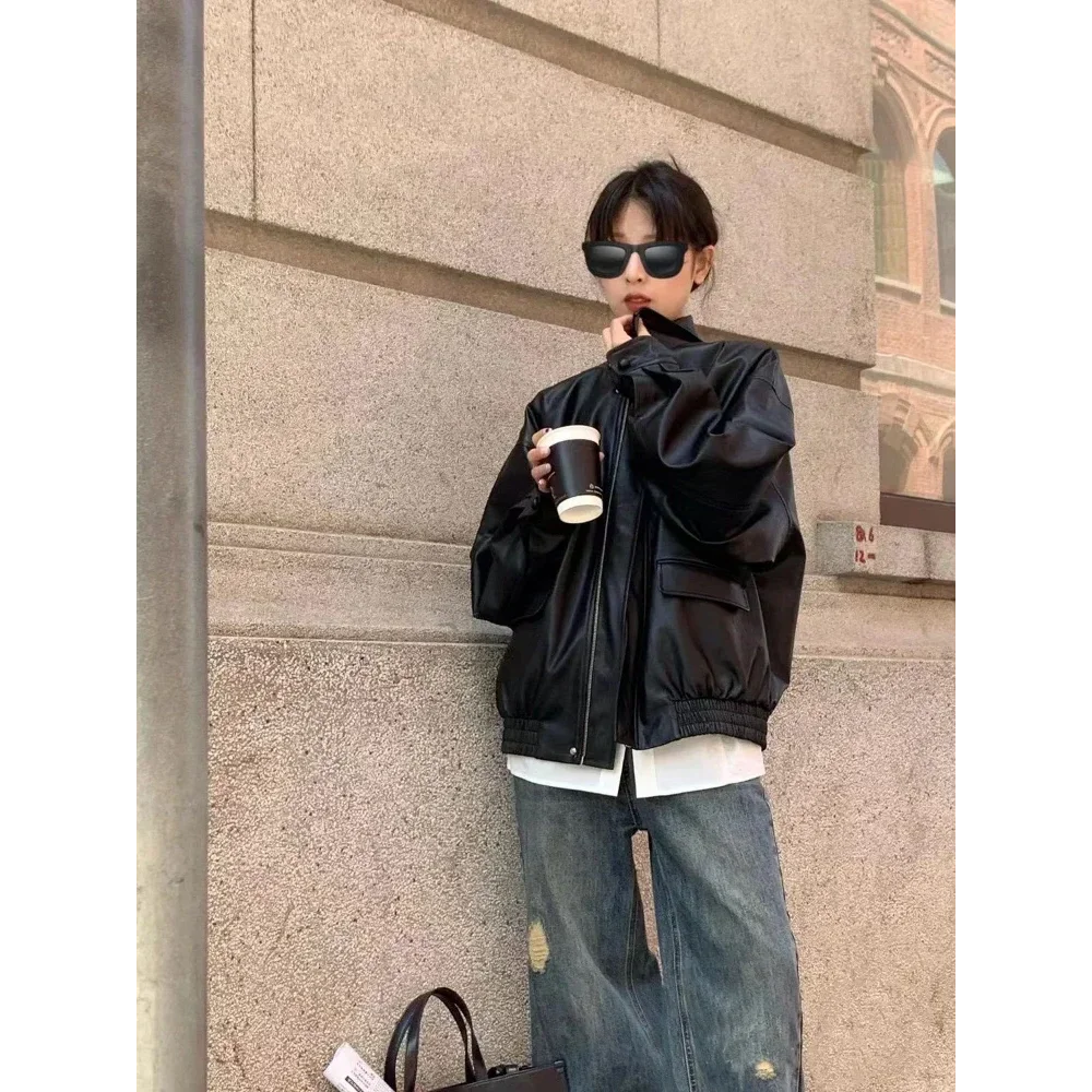 Vintage kunstleer jas dames streetwear moto biker jassen losse casual pu jas