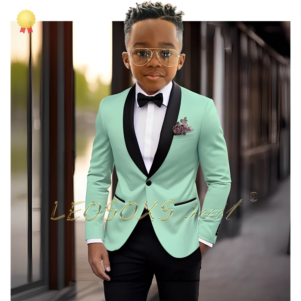 2-piece set of boys' mint colored single button green fruit collar suit tailcoat, children's clothing party wedding