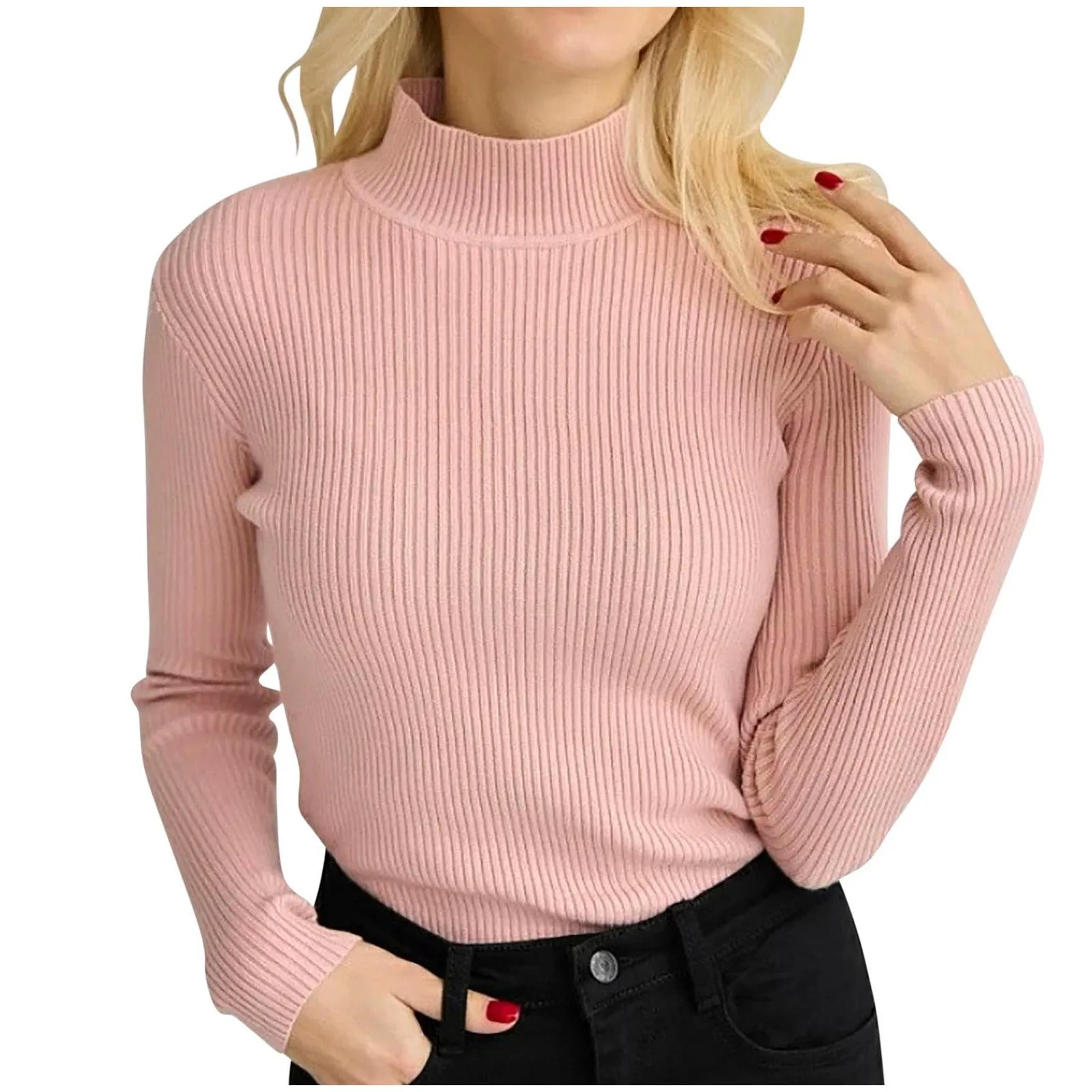 

Women's Ribbed Pullover One Size Turtleneck Pullover Elegant Plain Knitted Long Sleeve Tops Slim Fit Solid Color Shirt Autumn