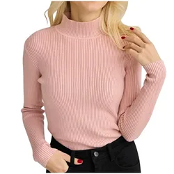 Women's Ribbed Pullover One Size Turtleneck Pullover Elegant Plain Knitted Long Sleeve Tops Slim Fit Solid Color Shirt Autumn