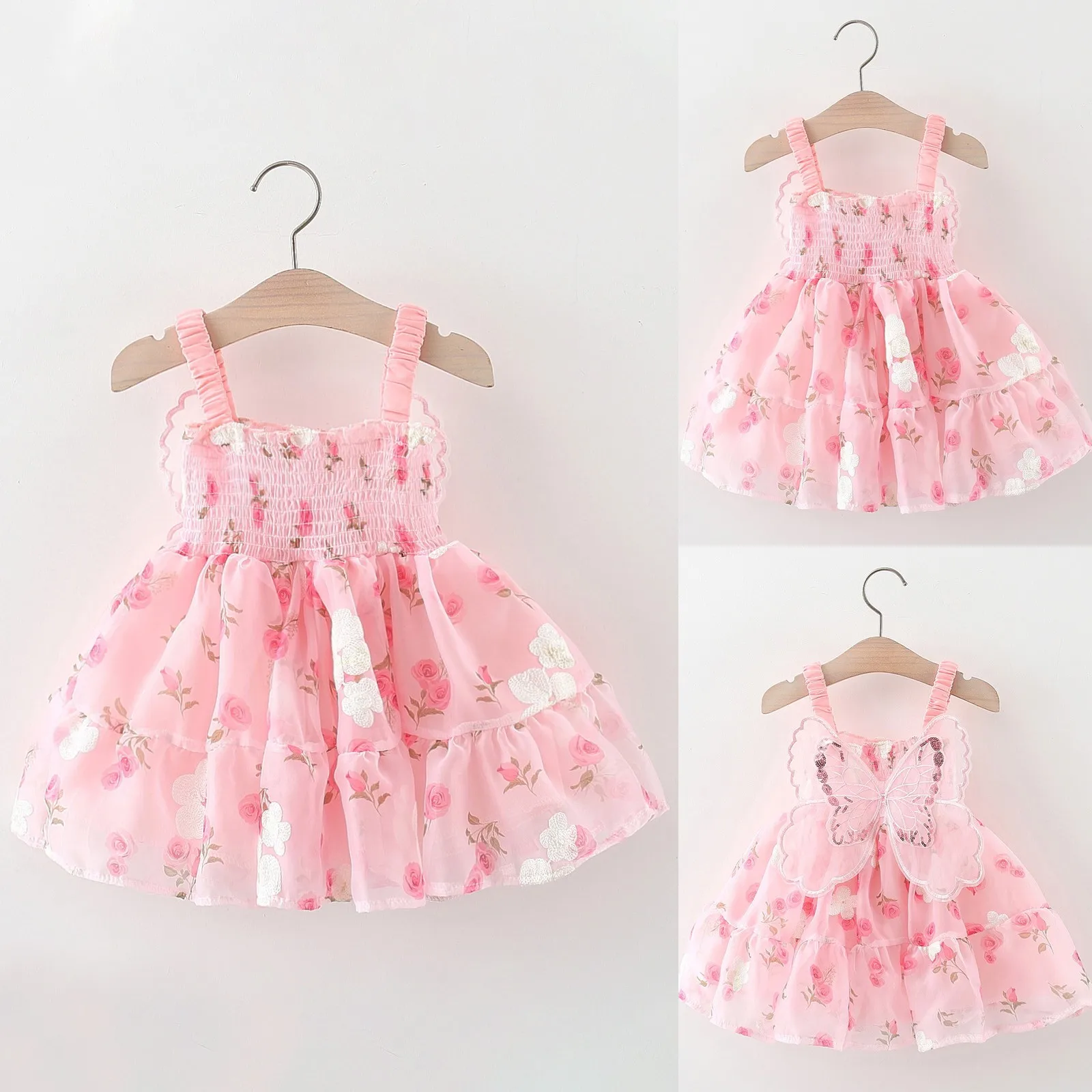 Summer Baby Girl Dress 0-3 Years Girls Embroidered Flower Rose Printed Back Butterfly Wings Hanging Strap Princess Dress 2024