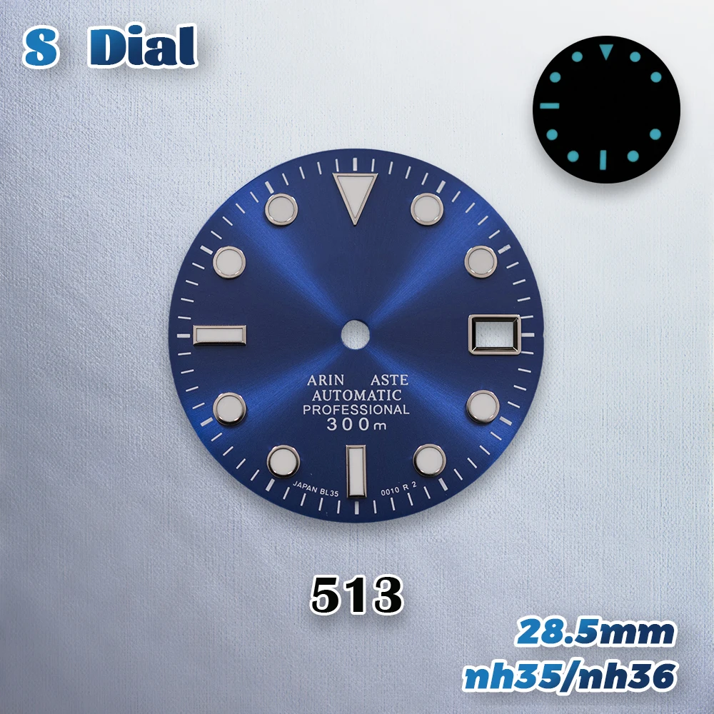 S Logo 28.5mm MARINEMASTE Dial Fit NH35/NH36/4R/7S Movement Ice Blue Luminous Exquisite Watch Modification Accessories