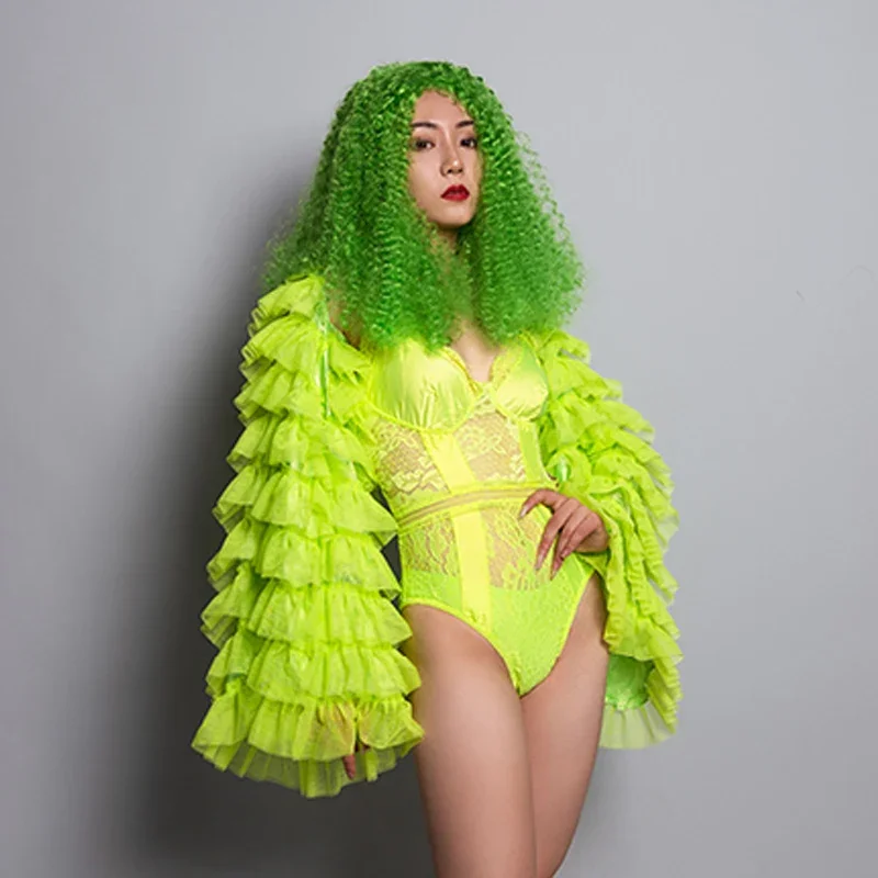 Vivid Fluorescent Green Dancing Costume Sexy Lace Bodysuit with Wig and Stacked Coat