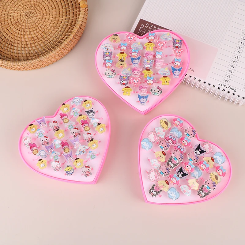 

36Pcs/box Sanrio Hello Kitty Kid Ring Kids Adjustable Baby Rings Fashion Cartoon Children Rings With Heart Box Party Gift