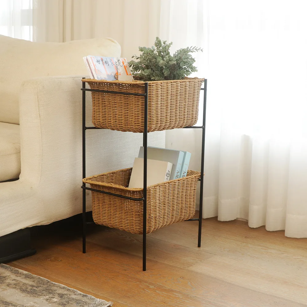 Japanese Kitchen Bedroom Storage Rack Storage Basket Designer Homestay Rattan Double Layer Finishing Rack Shelf