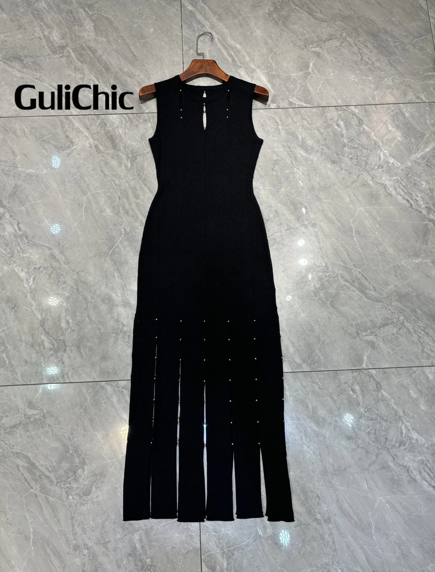 1.25 GuliChic Sexy Hollow Fringe Solid Color Long Dress 2024 Spring and Summer Women O-Neck Sleeveless Stretch Knit Long Dress