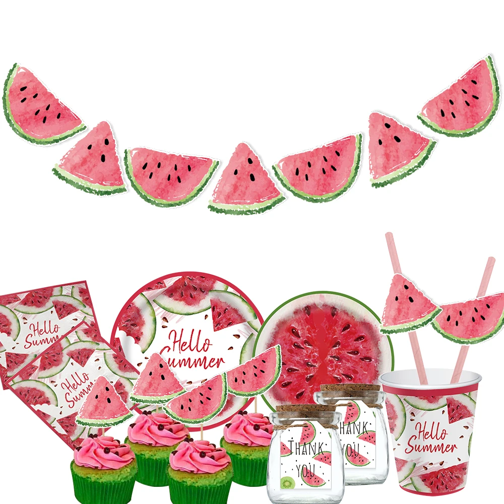 1 confezione anguria stoviglie usa e getta piatti di carta Cake Toppers per l\'estate WatermelonPool forniture per la decorazione della festa di