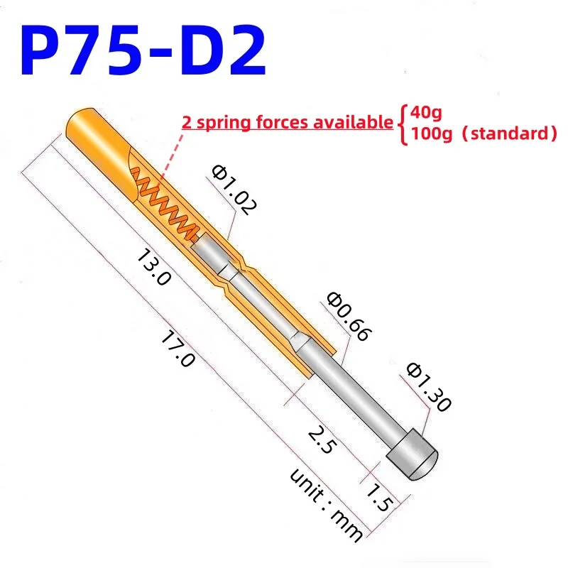 20/100PCS Spring Test Probe P75-D2 Test Pin P75-D Nickel-Plated Round Head Dia 1.30mm Pogo Pin PCB Test Tool 1.02mm 17mm 40/100g