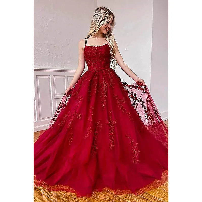 Spaghetti Strap Evening  Sexy Backless Party Prom Dress Candy Color High Waist Ball Gown Lace Vestido Festa Sukienki Customized