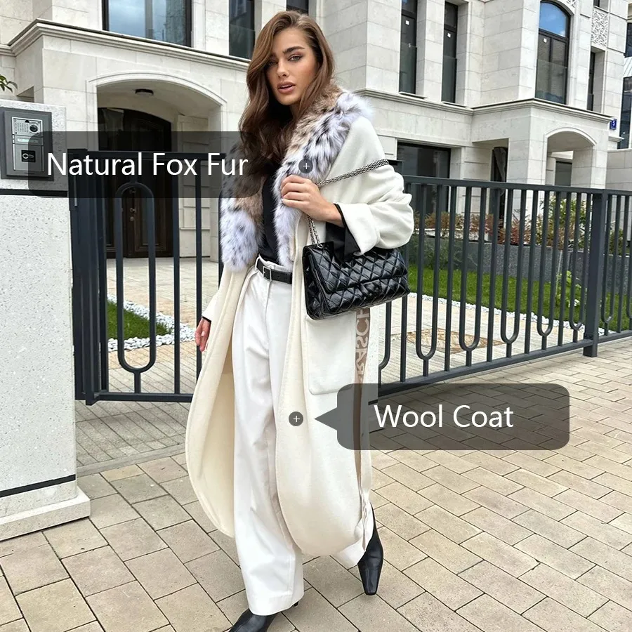 معطف صوف للسيدات معطف فرو أبيض دافئ بياقة فرو الثعلب الحقيقي سترة من الفرو الطبيعي معاطف طويلة للنساء