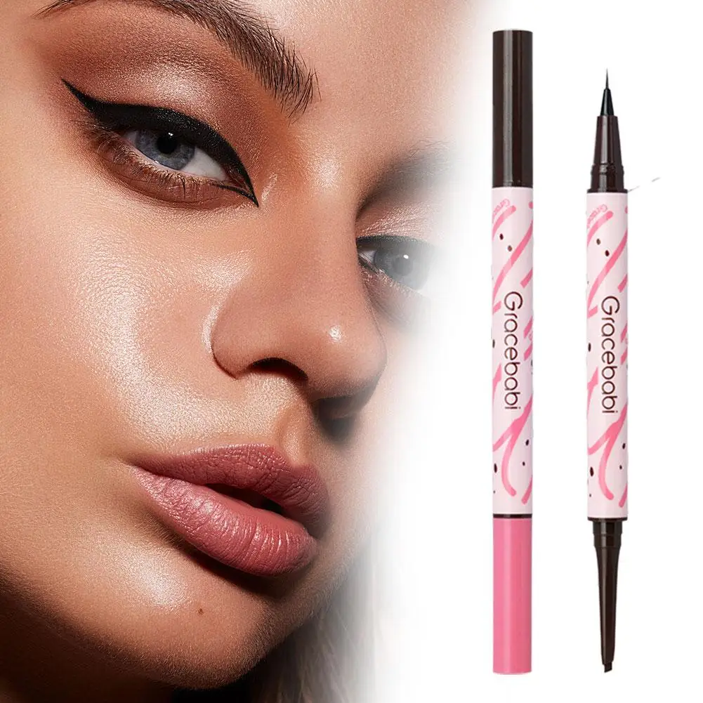 Eyeliner mit zwei Wirkungen, langlebig, kein leichtes Verschmieren, 2-in-1, innovatives, doppelköpfiges Design, Klebestift, flüssiger Stift, schwarzbraunes Augen-Make-up