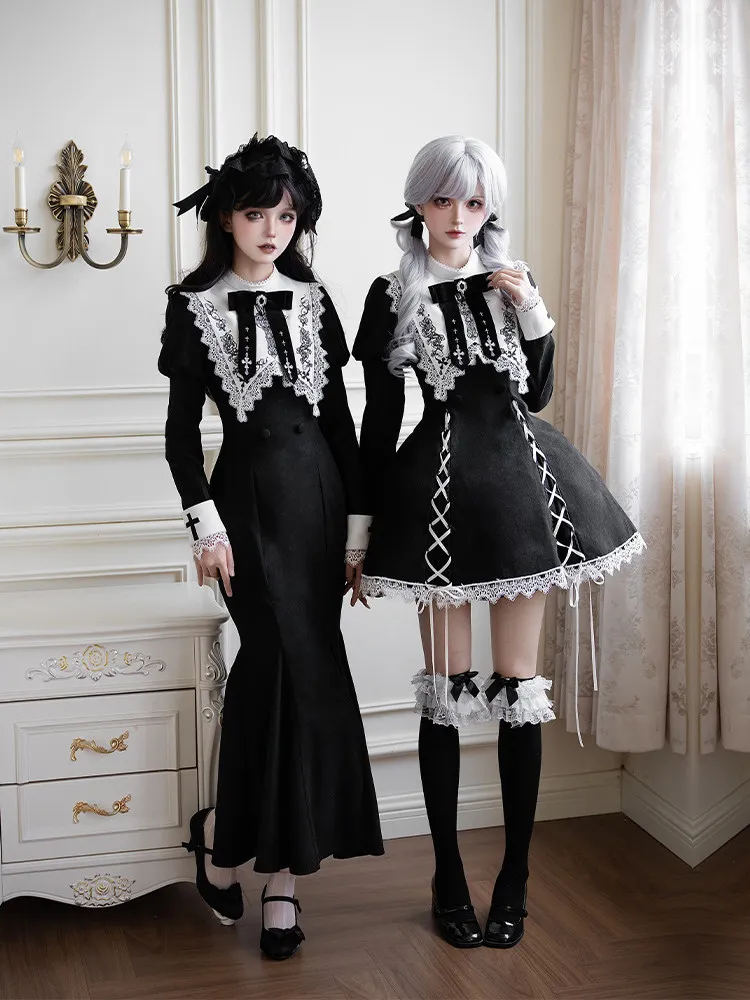 

With Puji Daily Short Dress/fishtail Dress/plush Cloak Gemini Autumn/winter Japanese Lolita Retro Gothic Cute Princess Dress Set