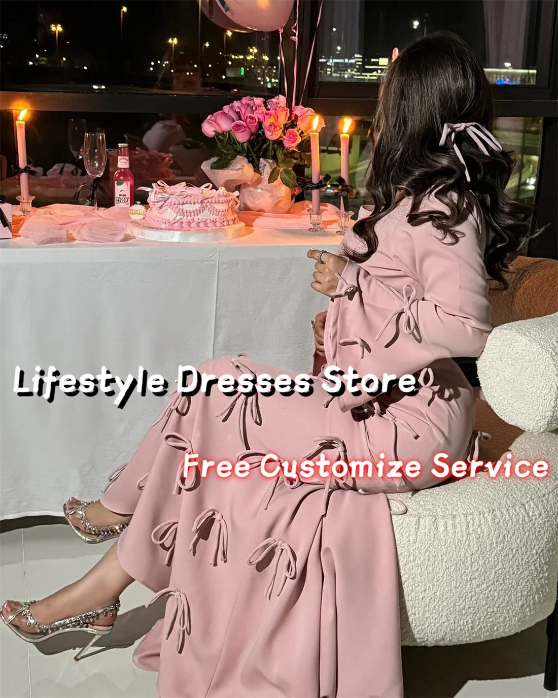 Customized Square Collar Long Sleeves Bow Formal Evening Dress for Arabic Women Birthday Wedding Party Gown Mermaid Formal Dress