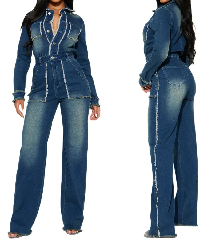 Slim Fit Elastic Horn Mouth Frayed Long Sleeved Denim Jumpsuit