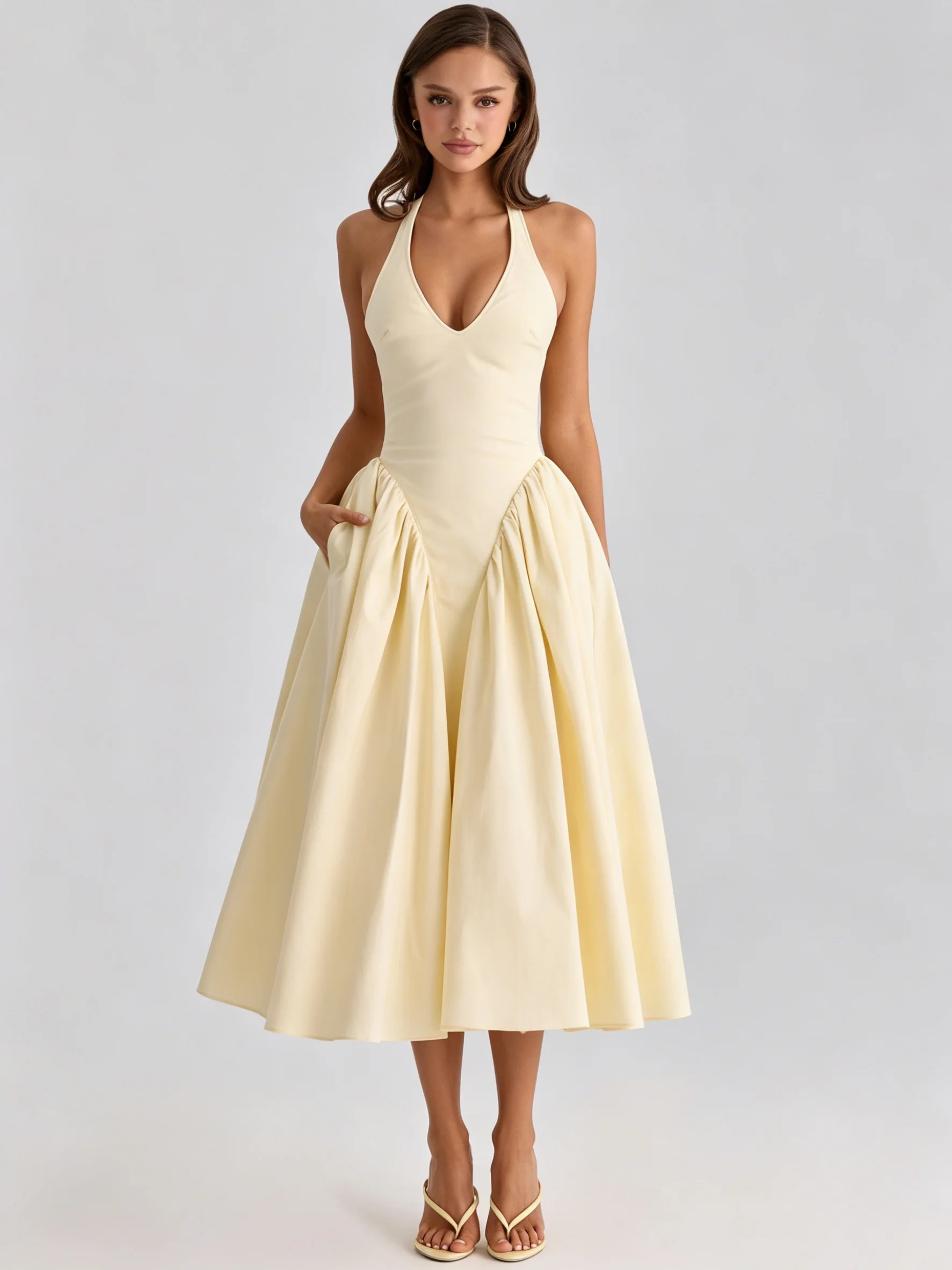 

Sexy Backless Yellow Deep V Mid Dress Halter A-Line Big Swing Bodycon Summer Lady date Prom Evening Party Dresses