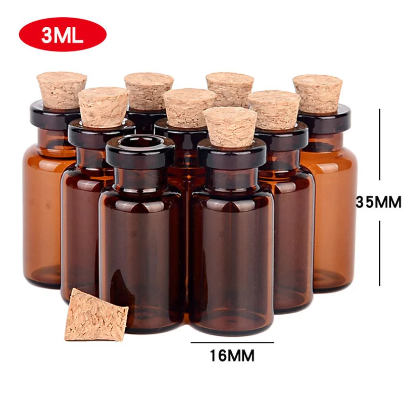 

200pcs Mini Brown Glass Bottles with Cork Stoppers 3ml DIY Art Crafts Storage Container Tiny Glass Vials for Wedding Decoration