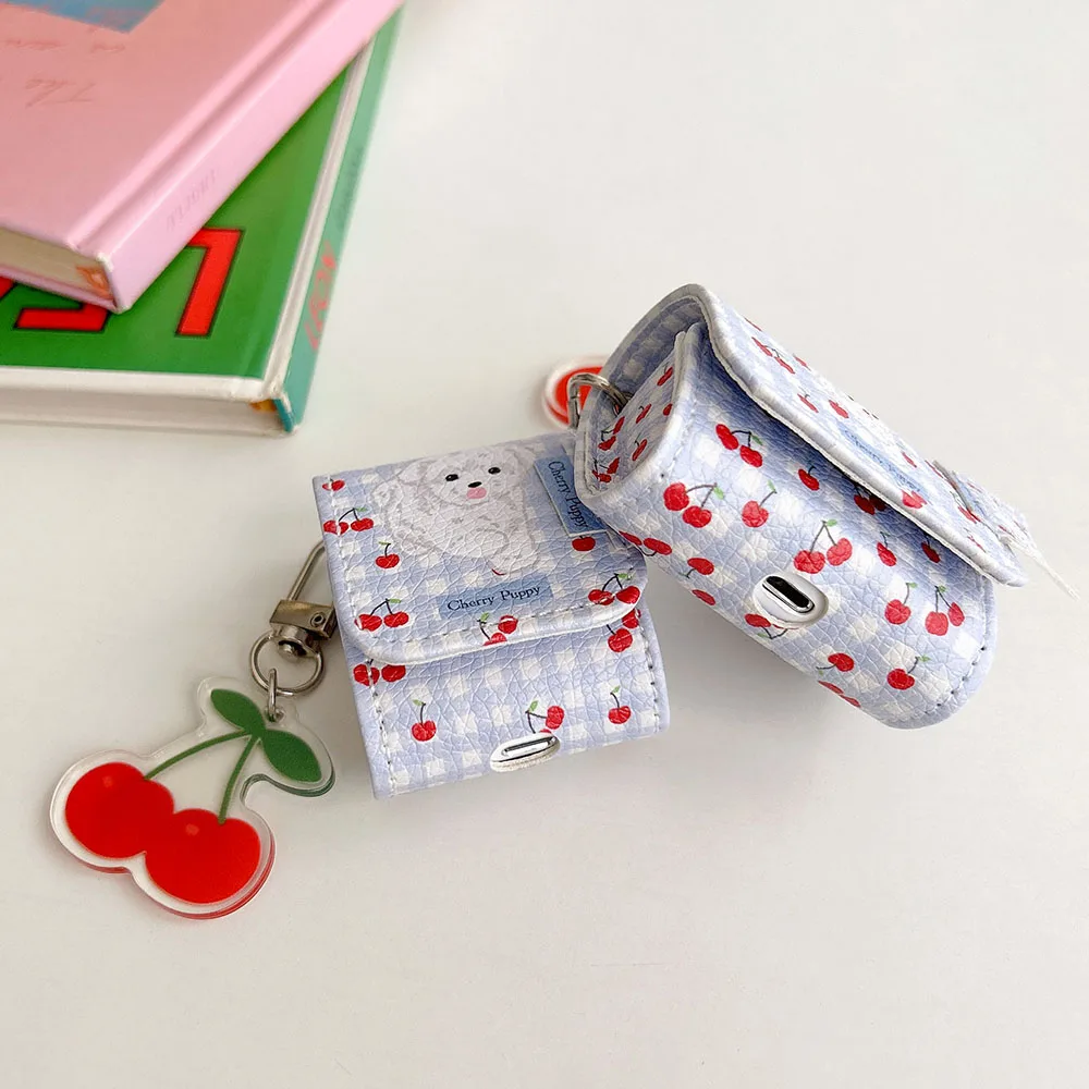 Cute Lattice Red Cherry Cartoon Dog Leather Bag Earphone Case For Airpods 3 Pro Protective Cover For Airpods 1 2 With Keychain
