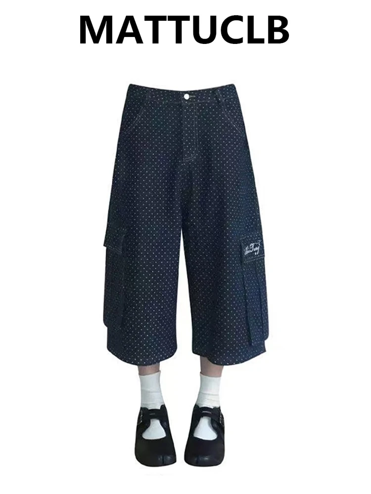 

Summer Women American Retro Jorts Polka Dot Cargo Jean Shorts Y2K Harajuku Designer Chic 2000s Denim Calf-Length Pants Punk New