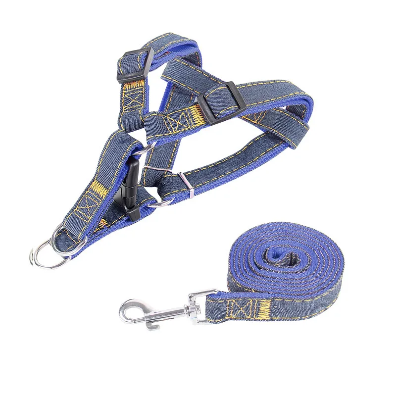 Durable Denim Dog Harness And Leash Vest Set For Pet Walking_voghion.com