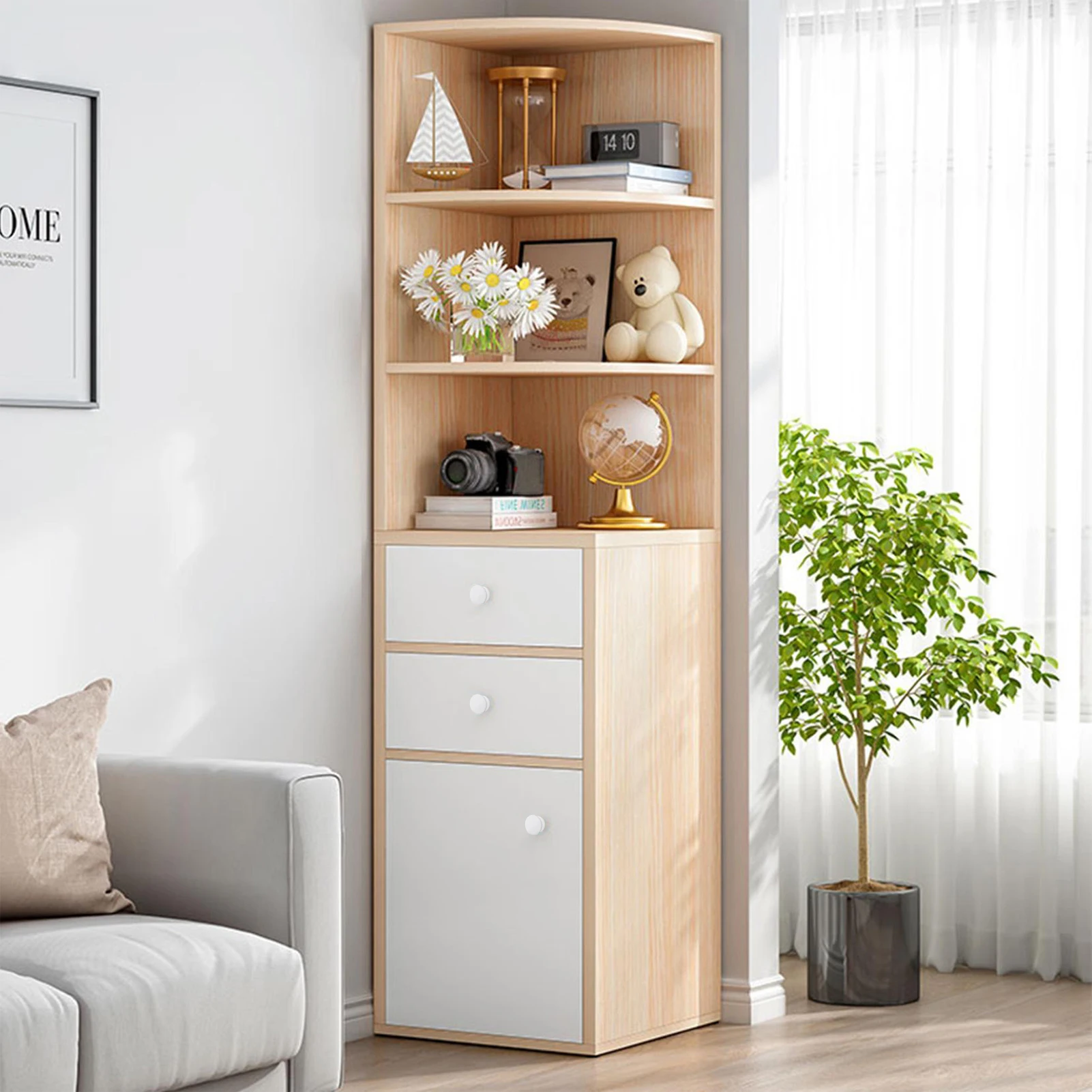 Tall Corner Cabinet with Shelves, Drawer, and Door: Ideal for Bathroom, Laundry and Living Room