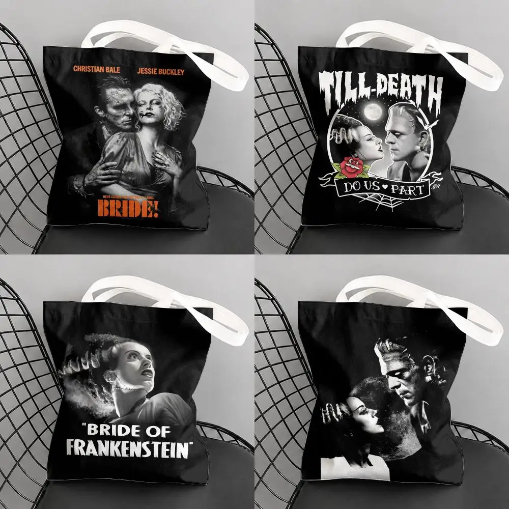Move Bride of F-Frankenstein Storage Bags Large Canvas Tote Bag Double-Sided Print Reusable Shoulder Handbag for Daily Shopping