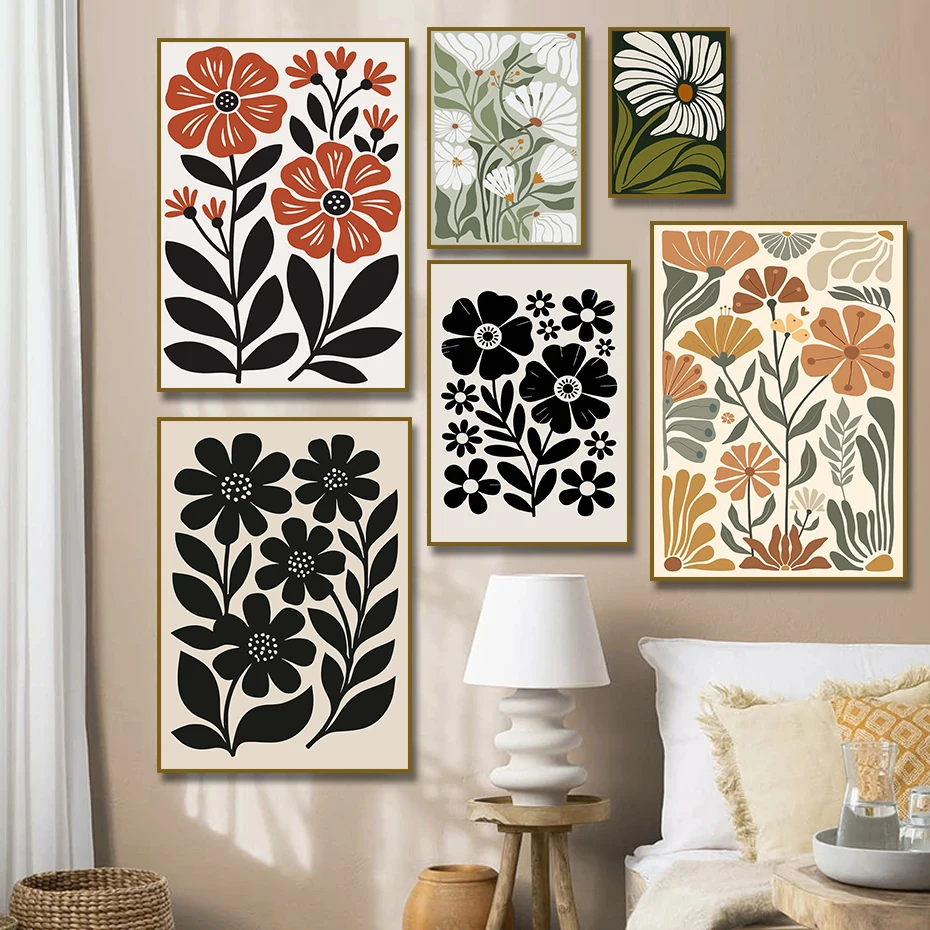 Boho Abstract Botanical Groovy Flowers Poster  Vintage Flower Market  Prints Canvas Painting Wall Art Living Room Home Decor