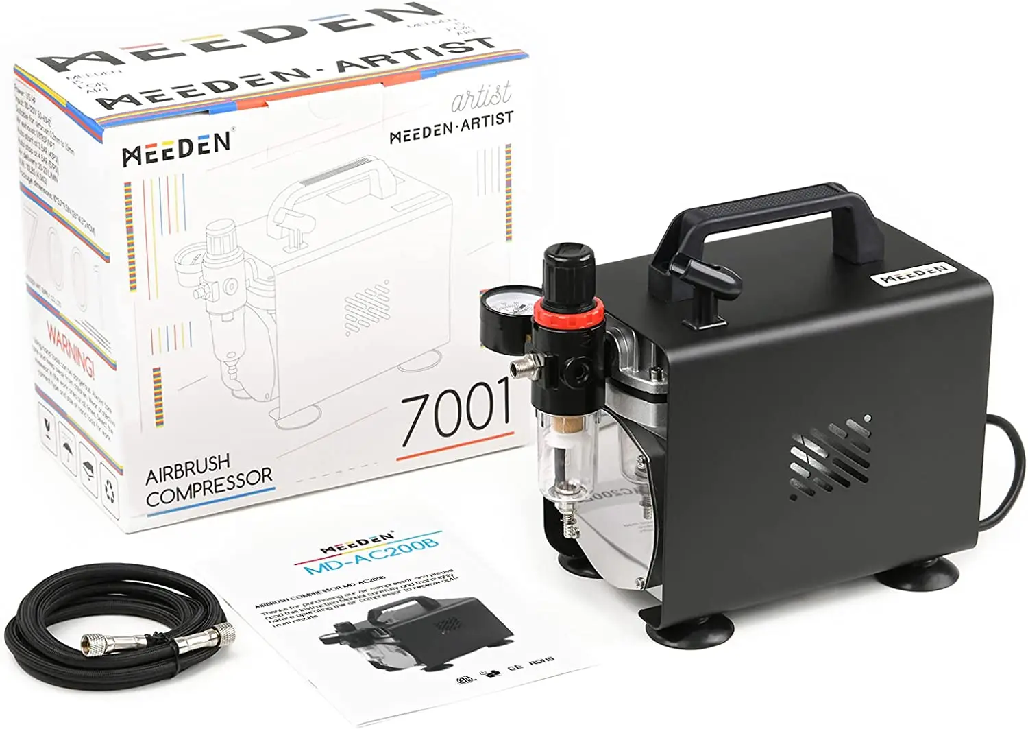 MEEDEN Airbrush 1/5 Auto-Stop Airbrush Compressor, Thermally Protect, 47db - Regulator Water Trap, Holder, 1/8 Air Hose