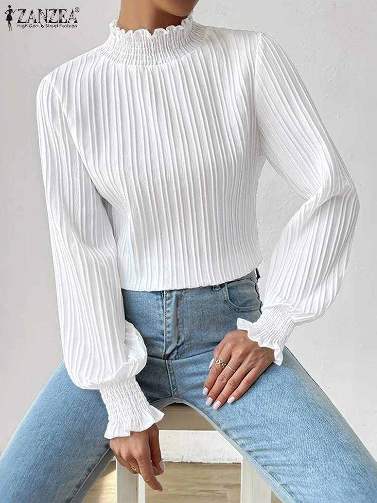 ZANZEA Vrouwen Stijlvolle Gesmokte Coltrui Blouses 2025, Herfst Mode Lange Lantaarn Mouw Getextureerde Effen Kleur Tops Vrouw Kleding