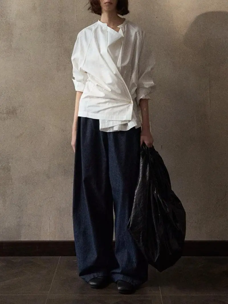 

VIMIE Spring Summer Design Cotton irt Women's Overhead Waist Cinching Side Button Design Breathable Loose Fit Long Sve