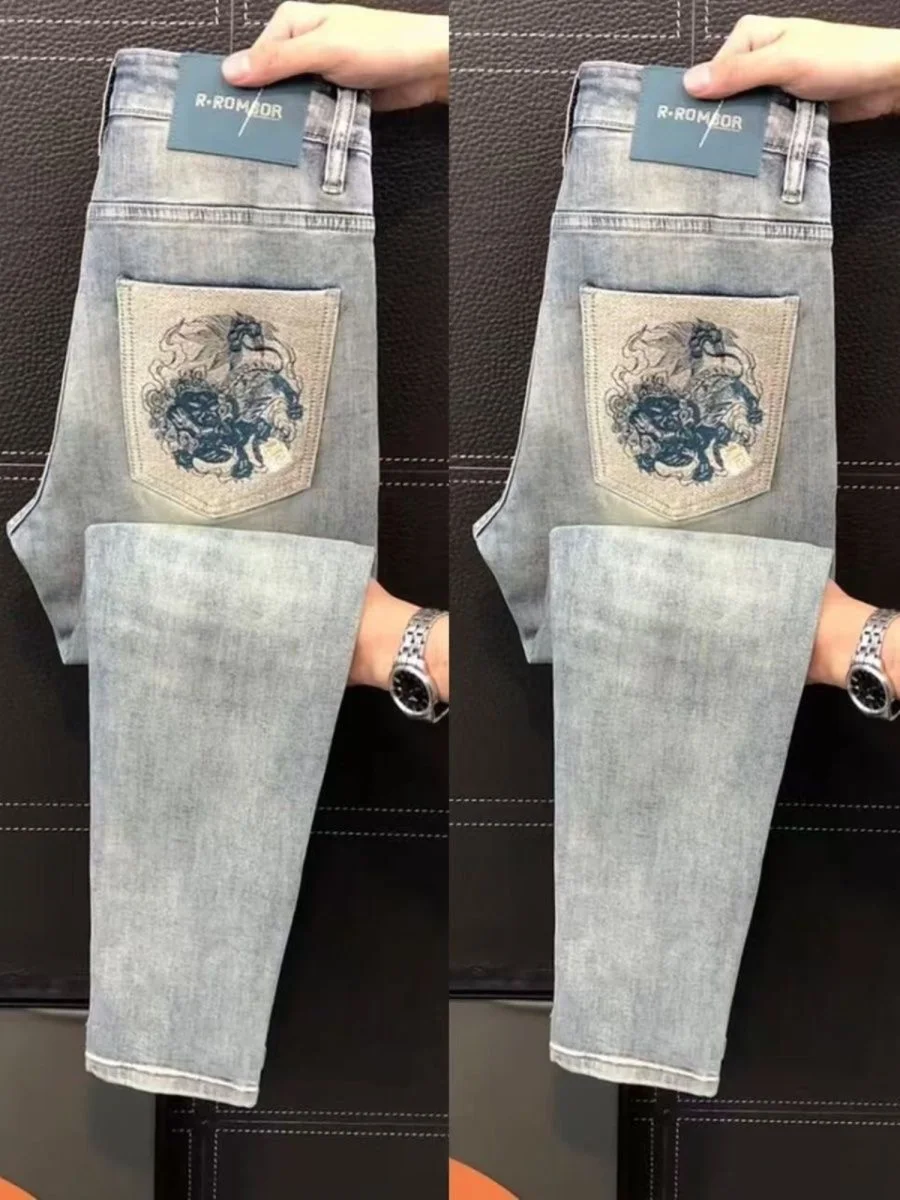 

Эластичные джинсы с вышивкой Ele, мужские повседневные облегающие длинные брюки, модные легкие дышащие джинсы с талией