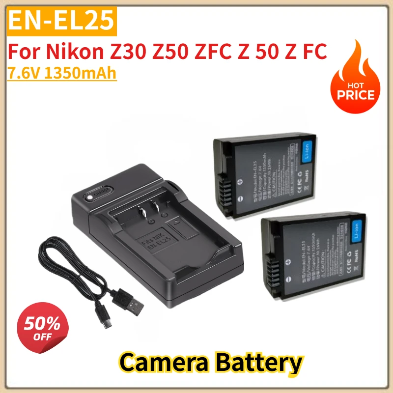 

Replacement Camera Battery 7.6V 1350mAh EN-EL25 ENEL25 + Charger for Nikon Z30 Z50 ZFC Z 50 Z FC Brand-New High Quality