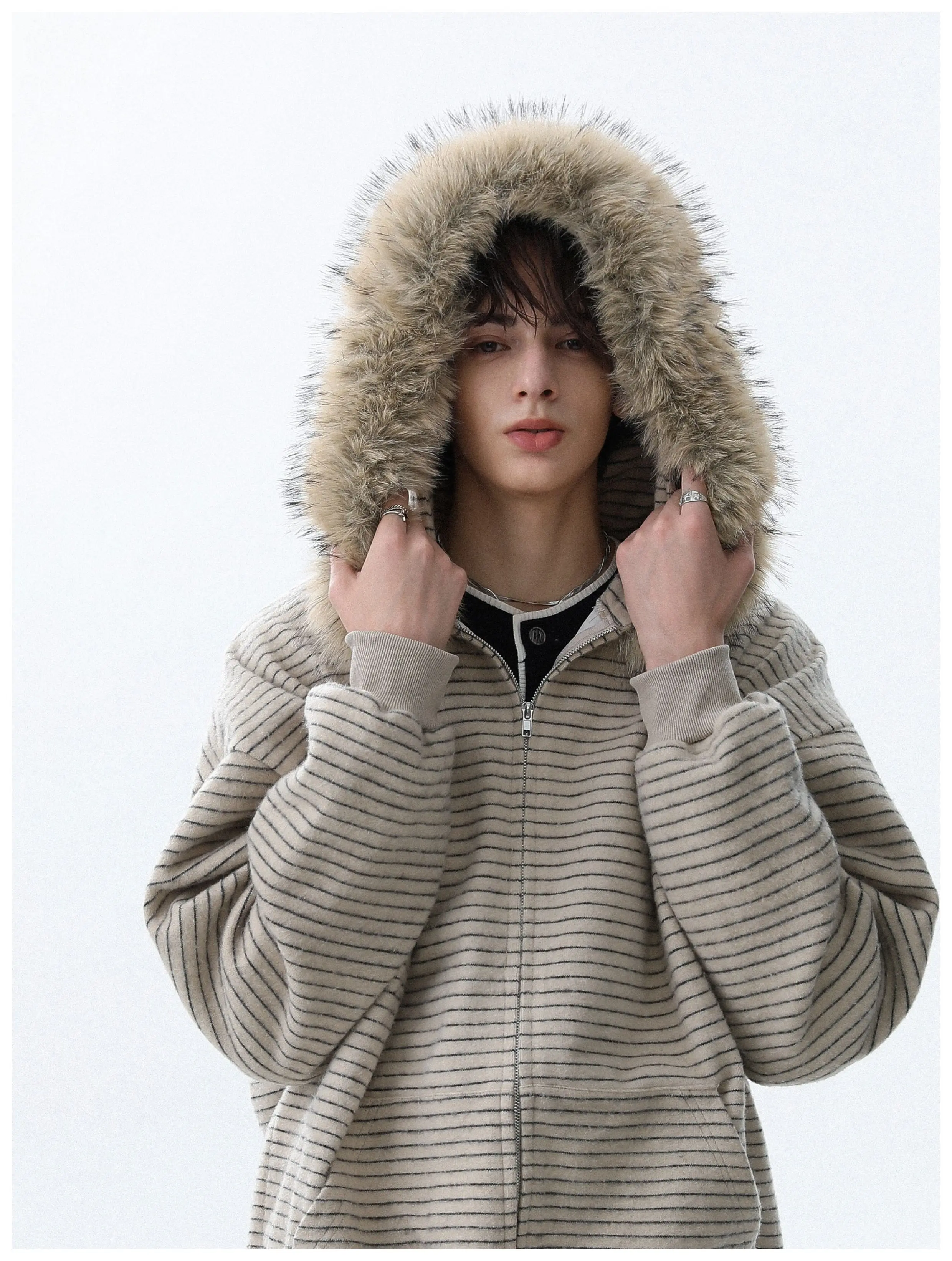 Autumn New American Style Trendy Striped Hooded Fur Collar Zipper Cardigan Loose Casual Youth Fashion Sweatshirt Jacket for Men