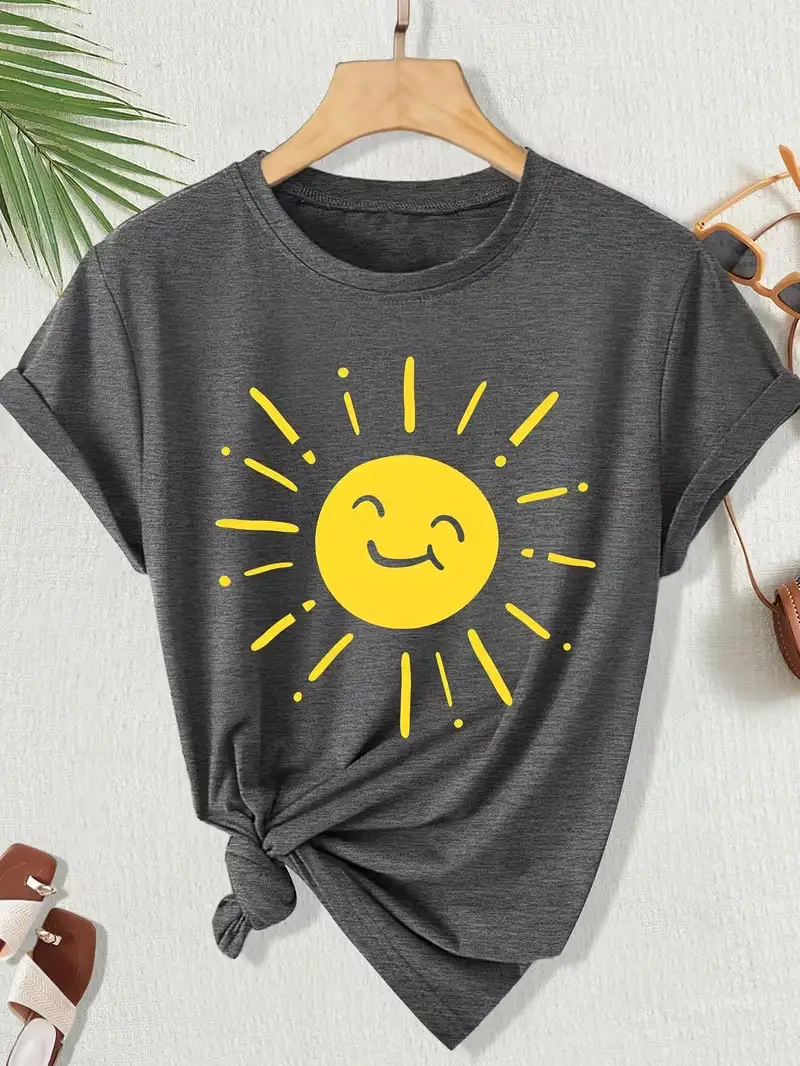 

Plus size women's short sleeve T-shirt Sun With Smile And Text soft and comfortable fabric summer outfits women's clothing