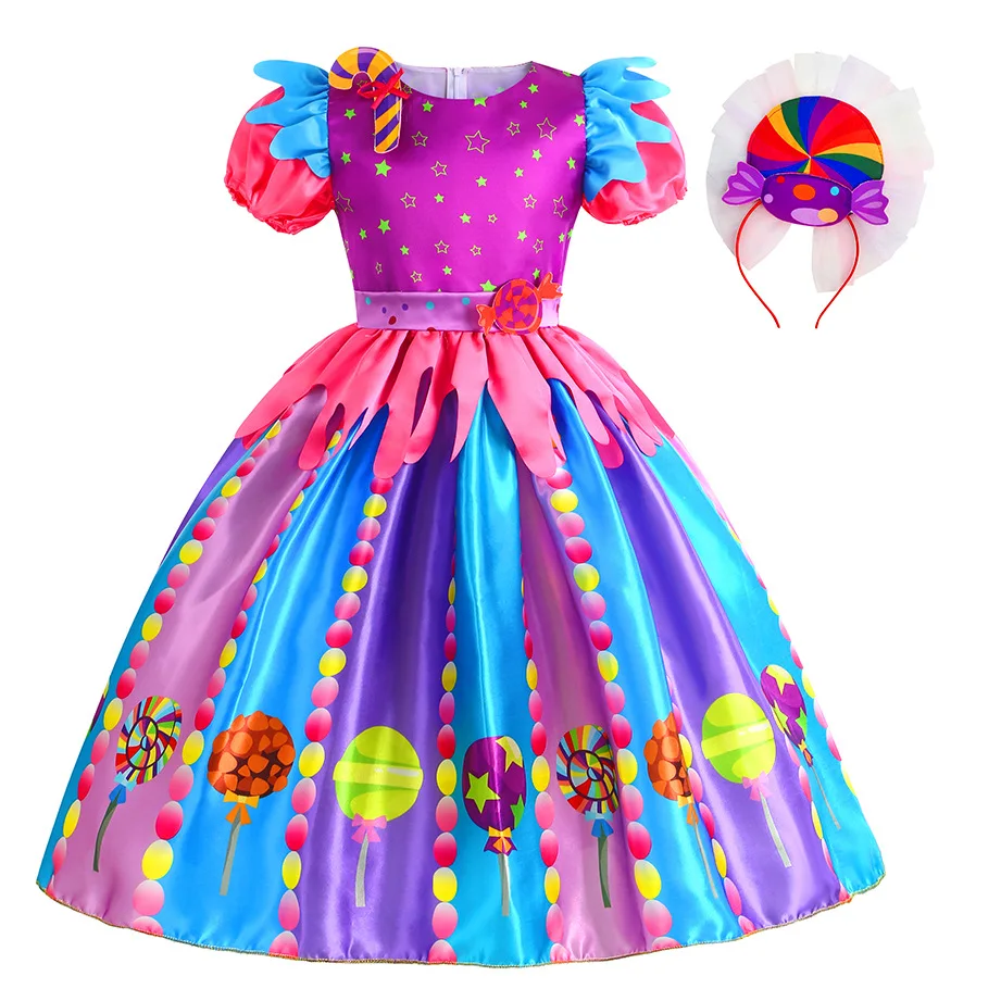 2025 Girls Purim Festival Lollipop Costume Chidrens Puff Sleeve Candy Costume Kids Sweet Lollipop Print Birthday Party Dresses