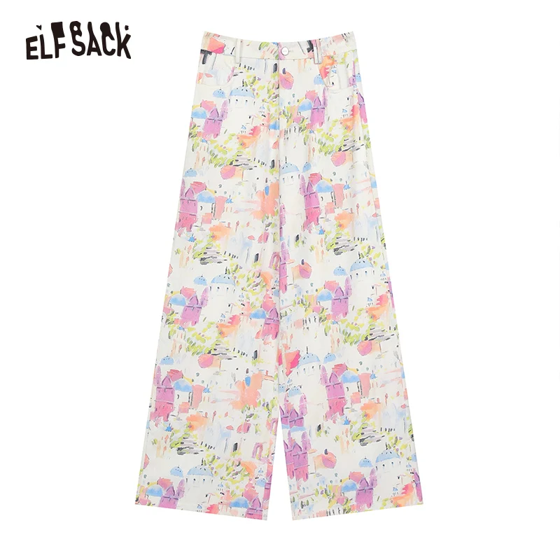 ELFSACK 2024 Summer New Arrivals Dopamine printed wide leg jeans, casual loose straight leg pants