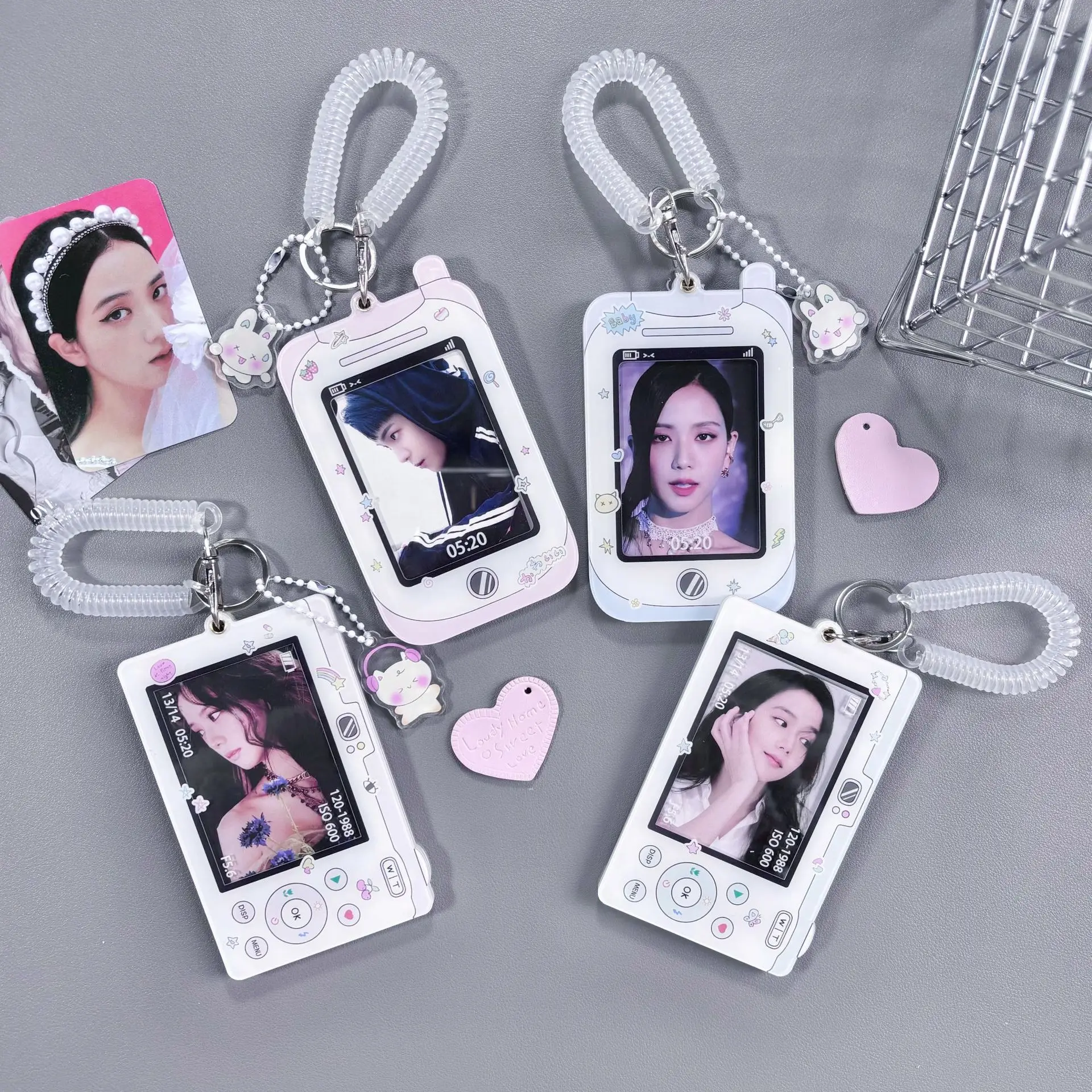 Y2k 3 Inch Acrylic Mobile Shape Photocard Holder Key Chain INS Idols Card Holder Student ID Badge Holder Bag Pendant Stationery