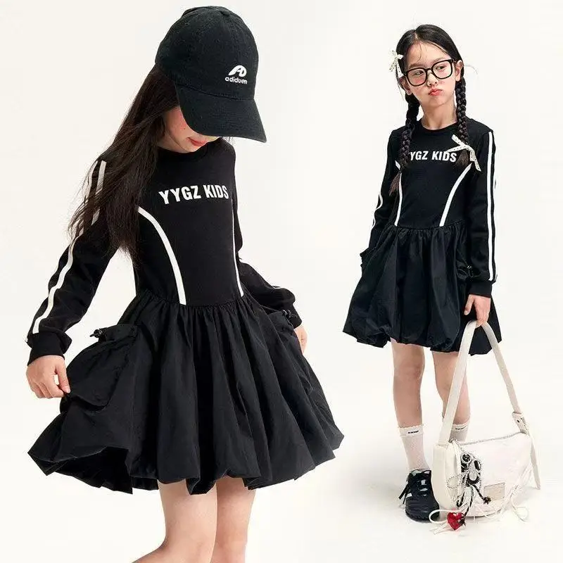 

Girls Children's Fashionable Casual T-shirt Dresses Black Birthday Party Dress Children Elegant Long Shirts Dresses 110-170CM